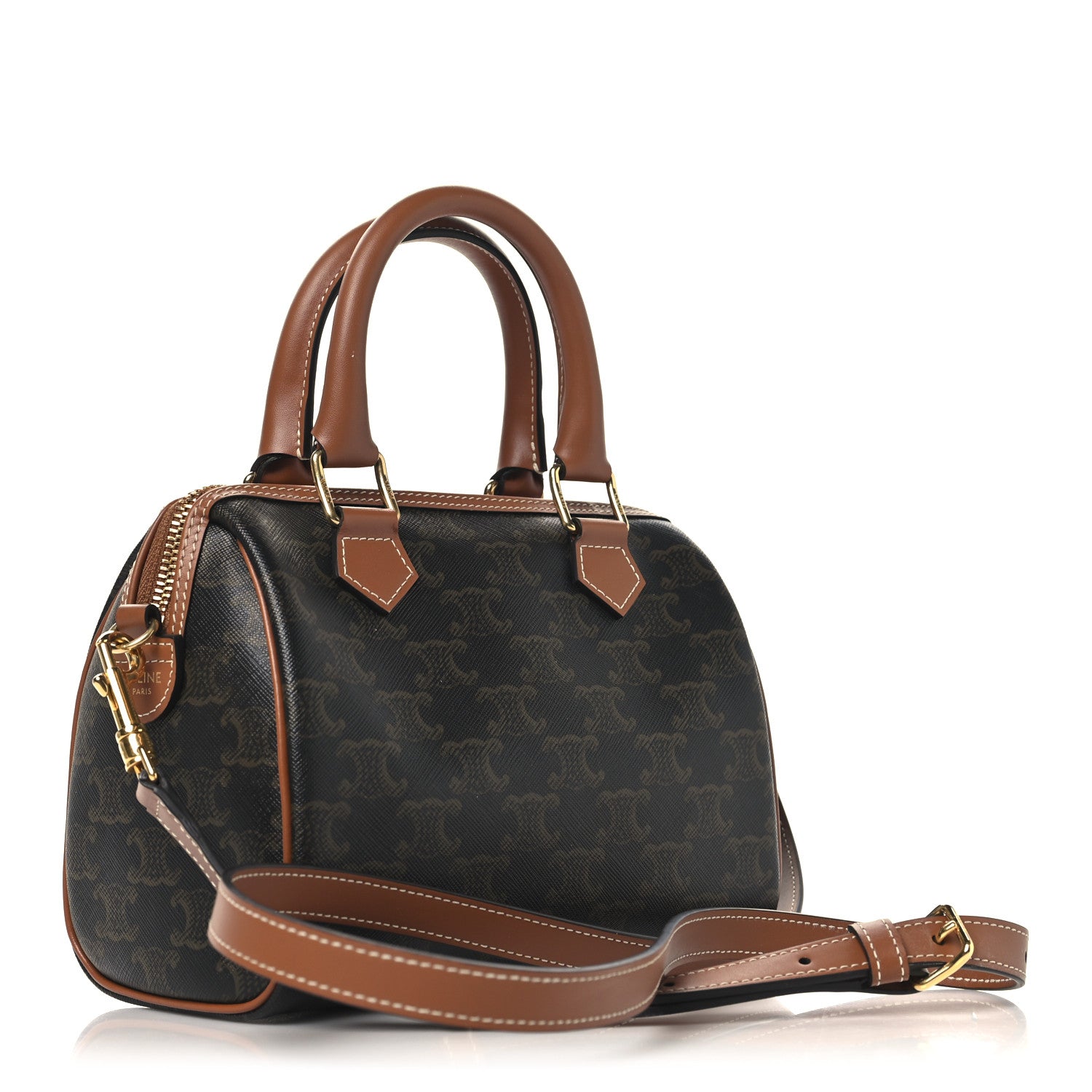 Celine Triomphe Canvas Calfskin Small Boston Bag Tan 3 of 10