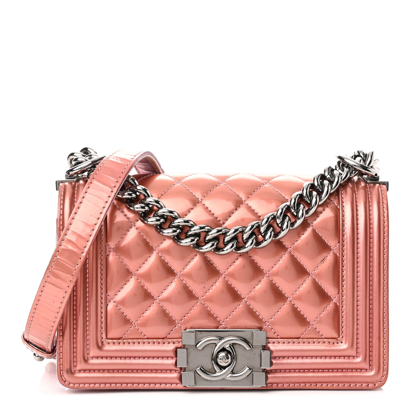Metallic Patent Calfskin Quilted Small Boy Flap Pink