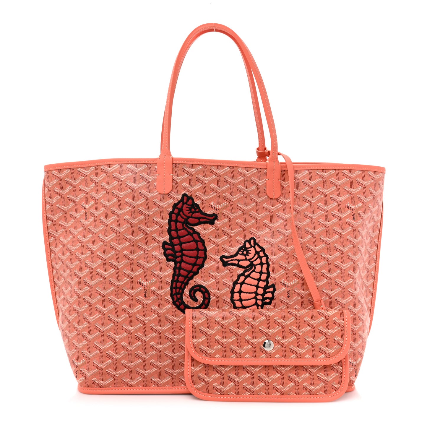 Goyardine Embroidered Seahorse Reversible Anjou PM Coral