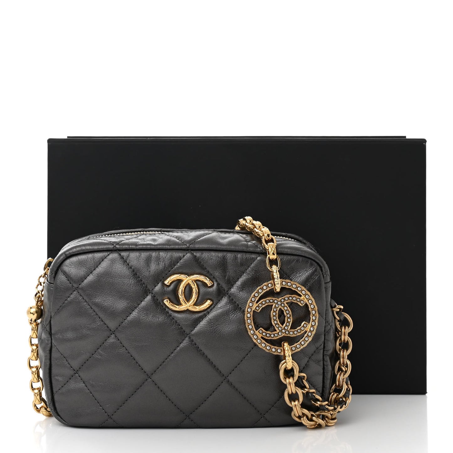 Metallic Calfskin Pearl Quilted CC Mini Camera Case Ruthenium