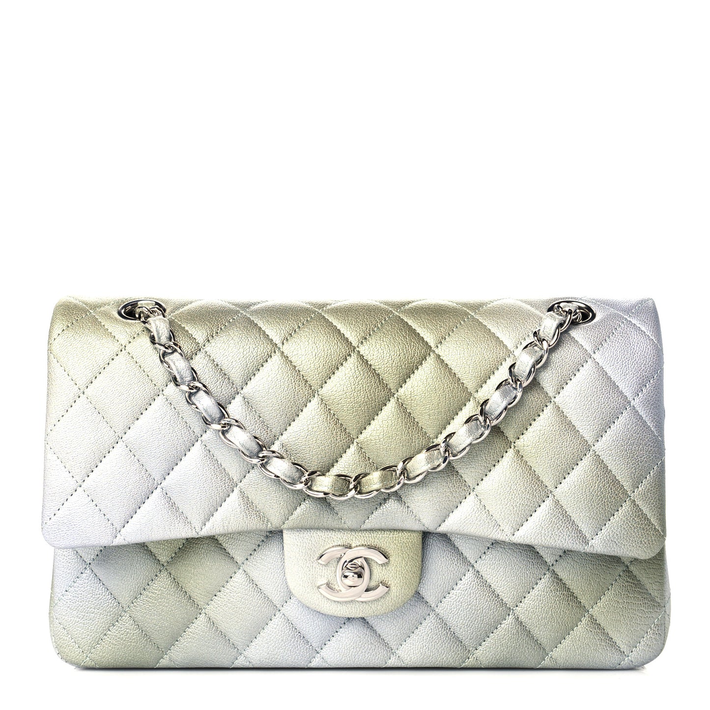 Metallic Goatskin Quilted Ombre Medium Double Flap Grey Green