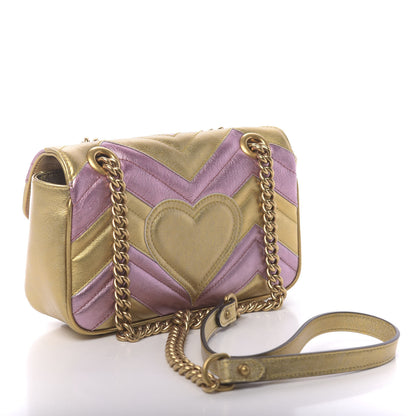 Gucci Metallic Calfskin Matelasse Mini GG Marmont Shoulder Bag Gold Pink 3 of 11