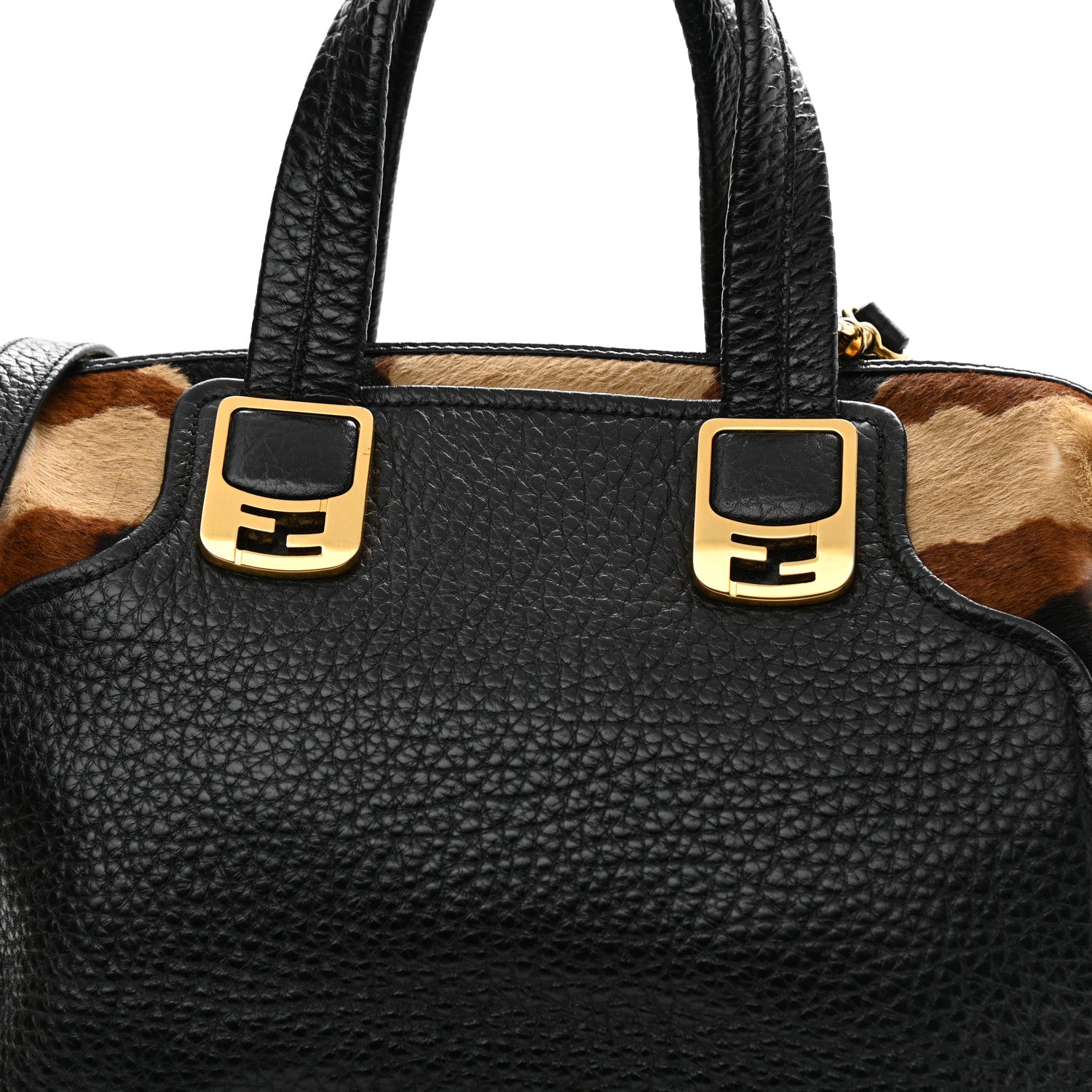 Fendi Pebbled Calfskin Calf Hair Small Chameleon Tote Black Tobacco 9 of 14