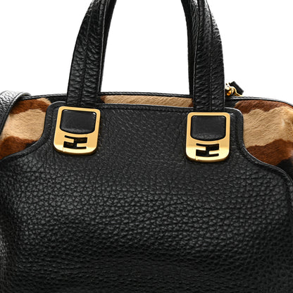 Fendi Pebbled Calfskin Calf Hair Small Chameleon Tote Black Tobacco 9 of 14