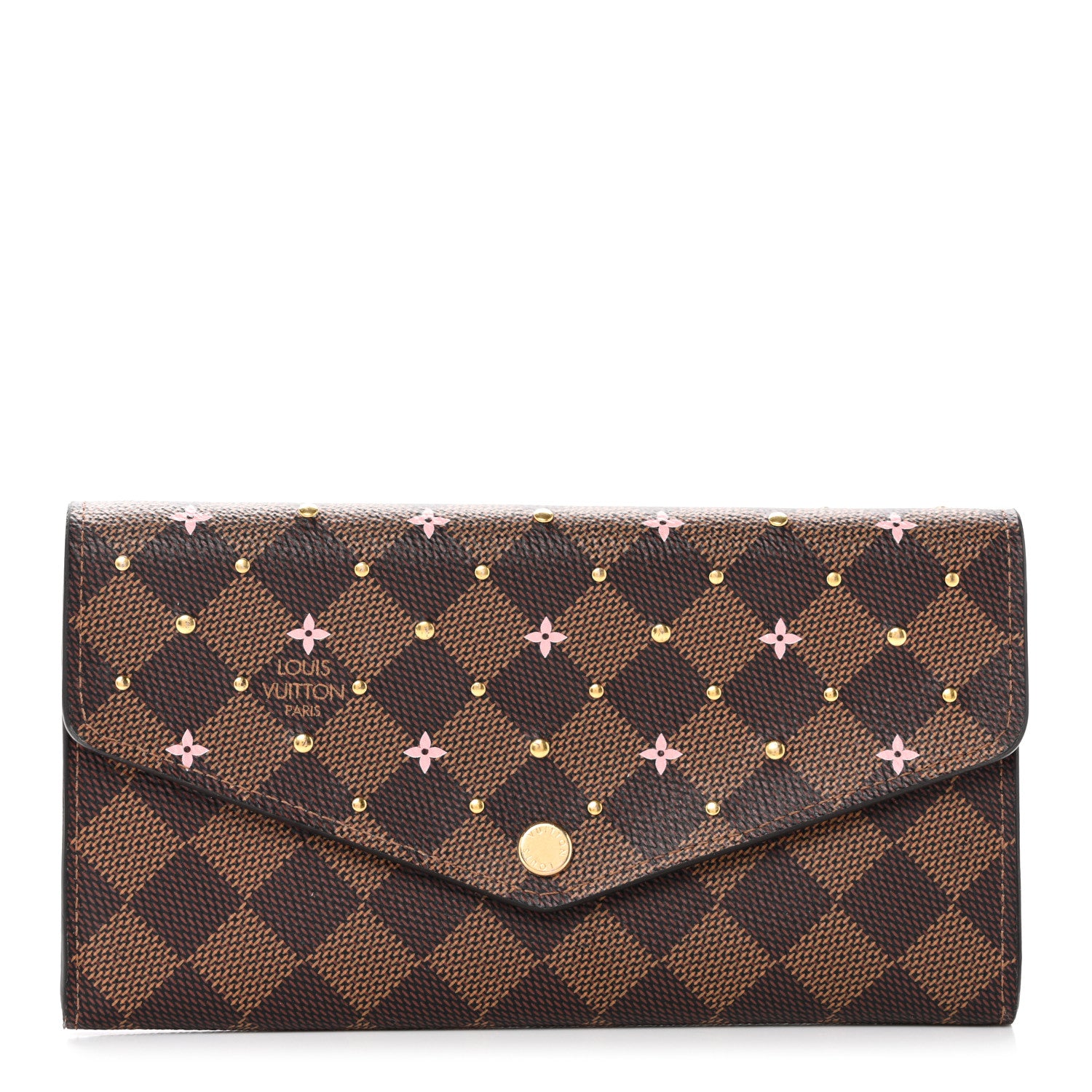 Louis Vuitton Damier Ebene Studded Sarah Wallet NM Rose Ballerine 1 of 7