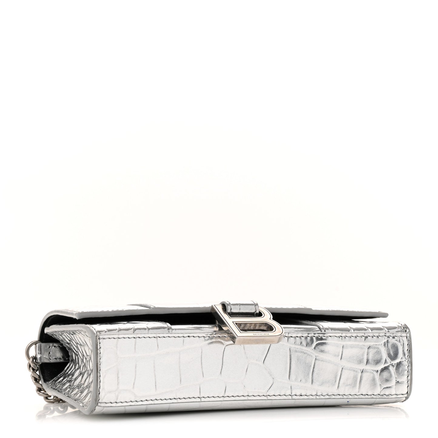 Metallic Calfskin Crocodile Embossed Hourglass Chain Bag Silver