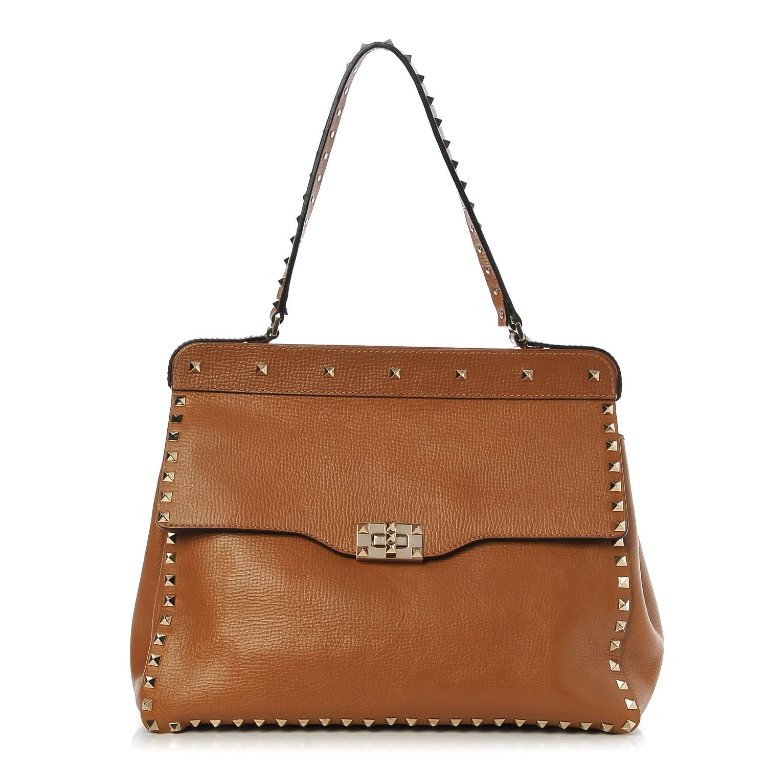 Valentino Garavani Textured Calfskin Rockstud Frame Handle Bag Tan 1 of 7