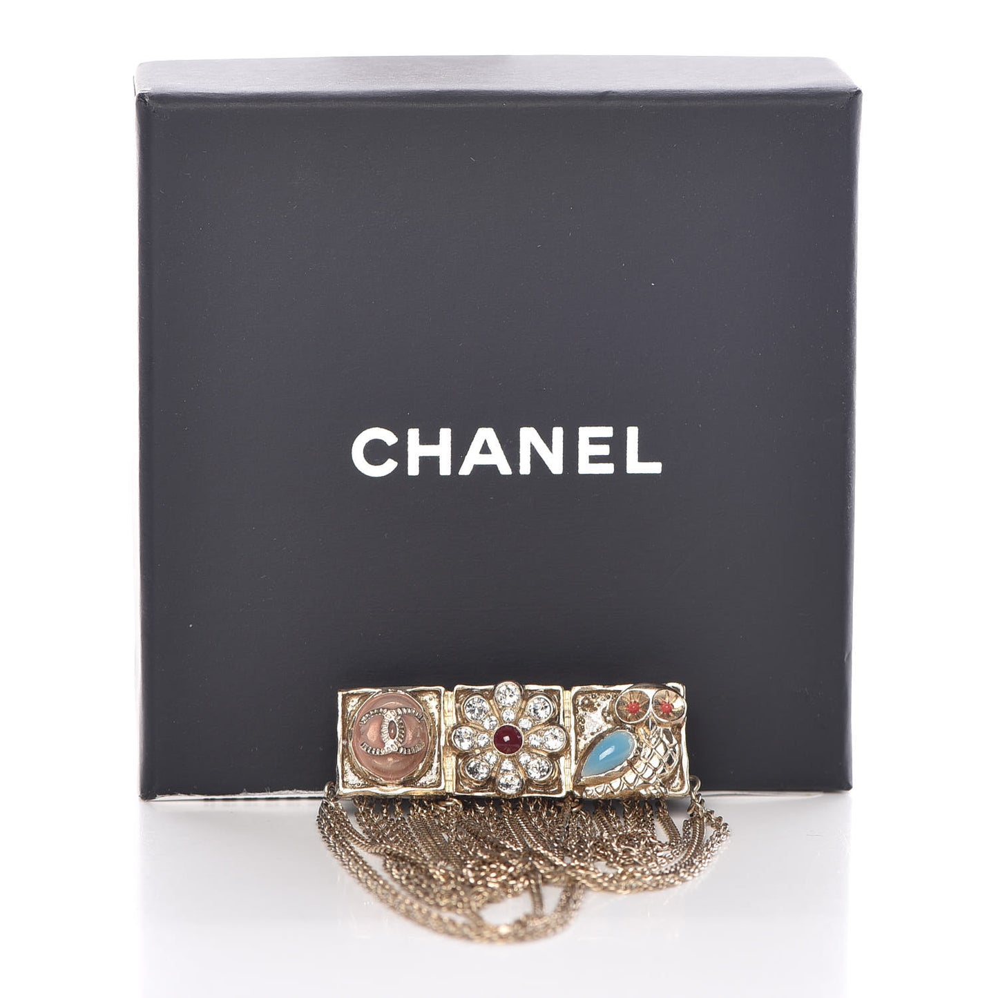 Enamel Crystal Multi Strand Chain Brooch Gold