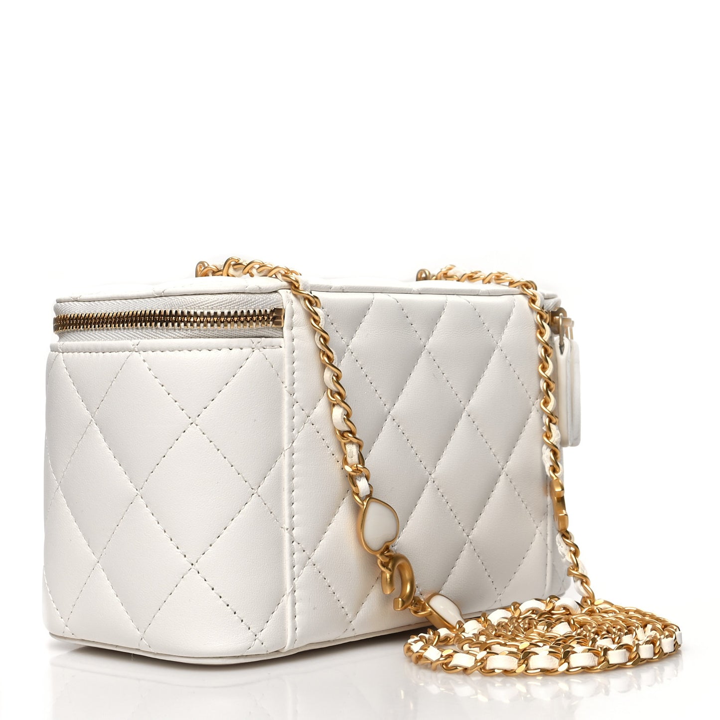 Lambskin Enamel Quilted Small Coco Hearts Vanity Case With Chain White
