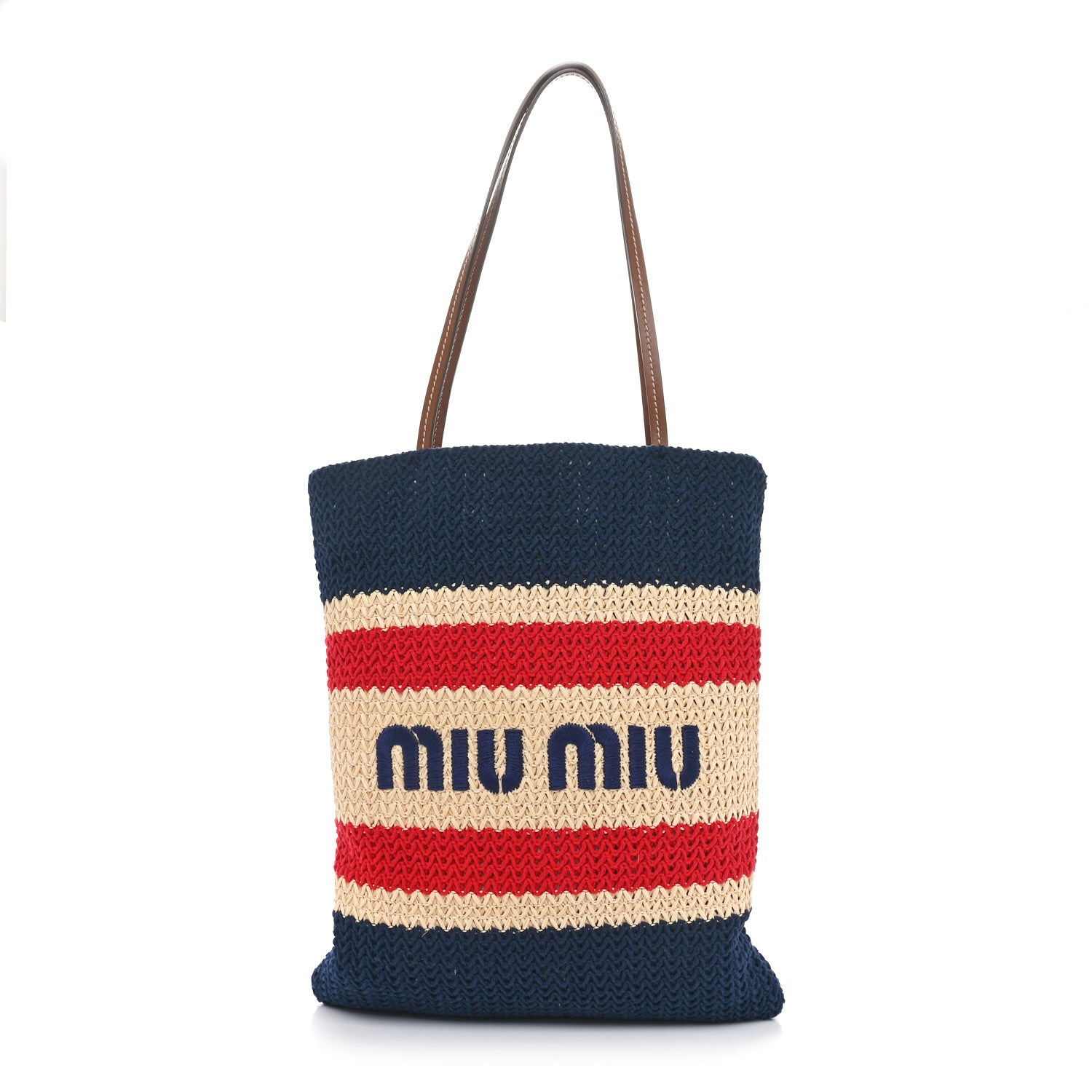 Miu Miu Raffia Crochet Stripe Vertical Tote Bag Natural Blue 1 of 9