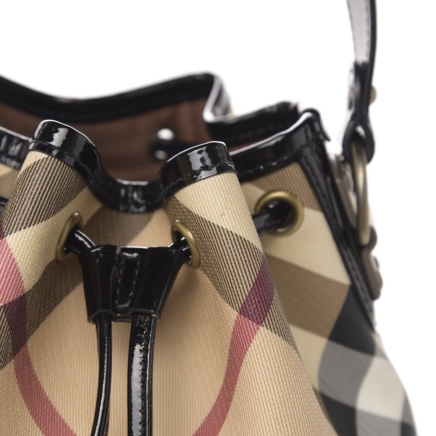 Patent Trim Nova Check Drawstring Bucket Bag Black