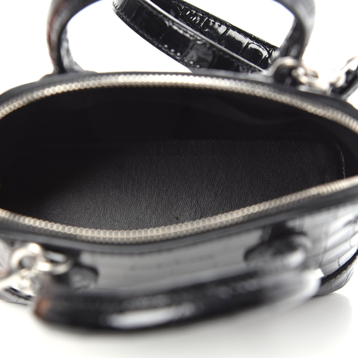 Shiny Calfskin Logo Crocodile Embossed XXS Ville Top Handle Bag Black White