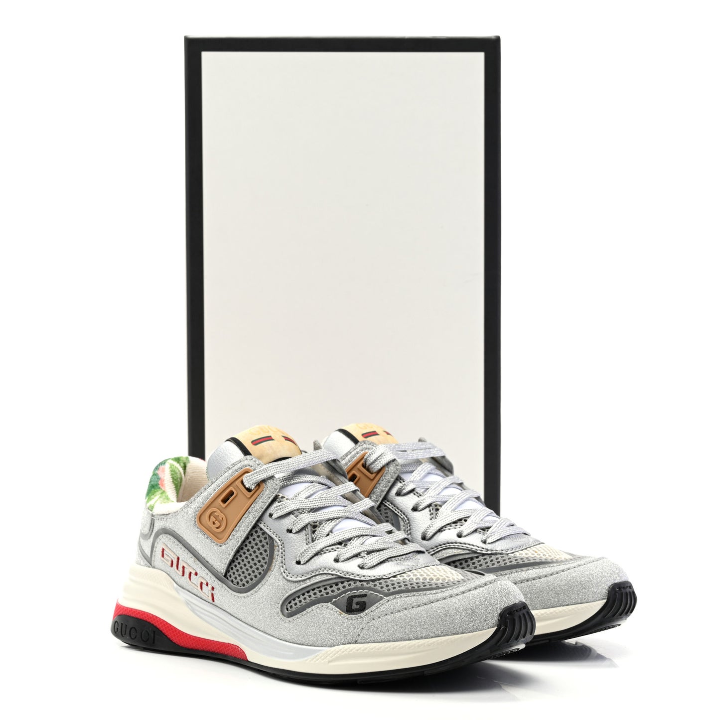 Metallic Calfskin Glitter Mesh Womens Ultrapace Sneakers 37 Silver Light Grey Mystic White