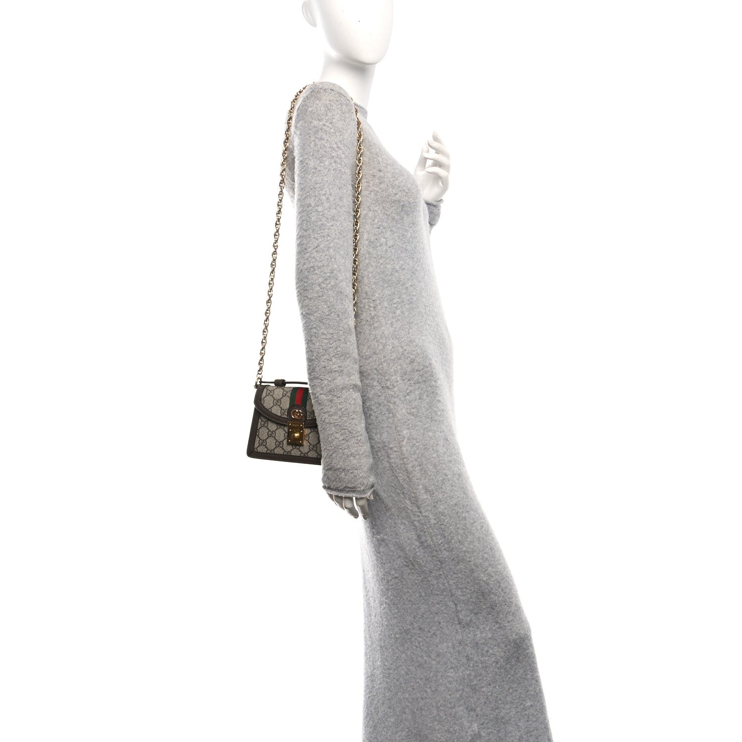 Gucci GG Supreme Monogram Textured Dollar Calfskin Web Mini Ophidia Padlock Top Handle Chain Shoulder Bag Beige Ebony New Acero 2 of 12