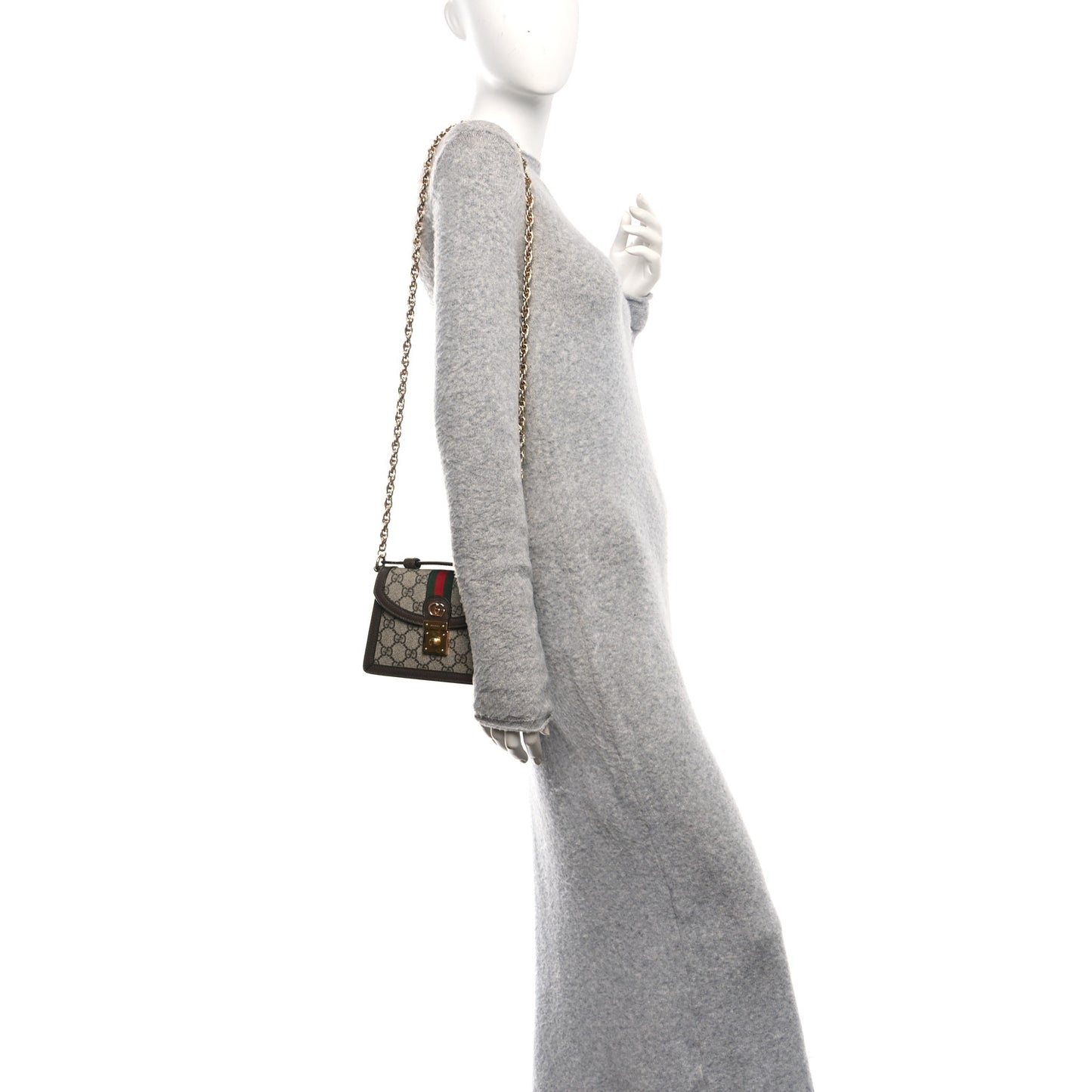 GG Supreme Monogram Textured Dollar Calfskin Web Mini Ophidia Padlock Top Handle Chain Shoulder Bag Beige Ebony New Acero
