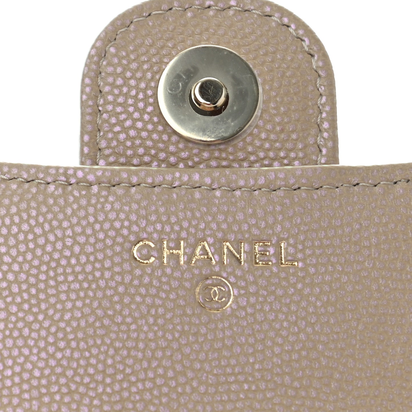 Iridescent Caviar Quilted Flap Phone Holder With Chain Beige