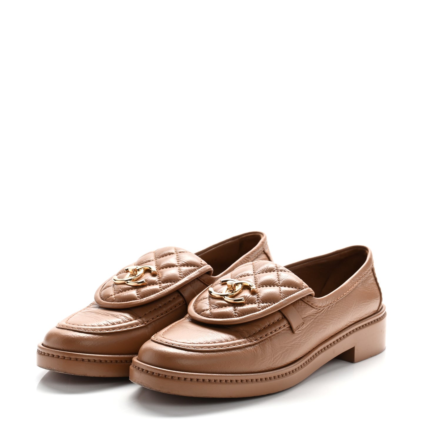 Crumpled Lambskin Quilted CC Turnlock Moccasins 37.5 Dark Beige