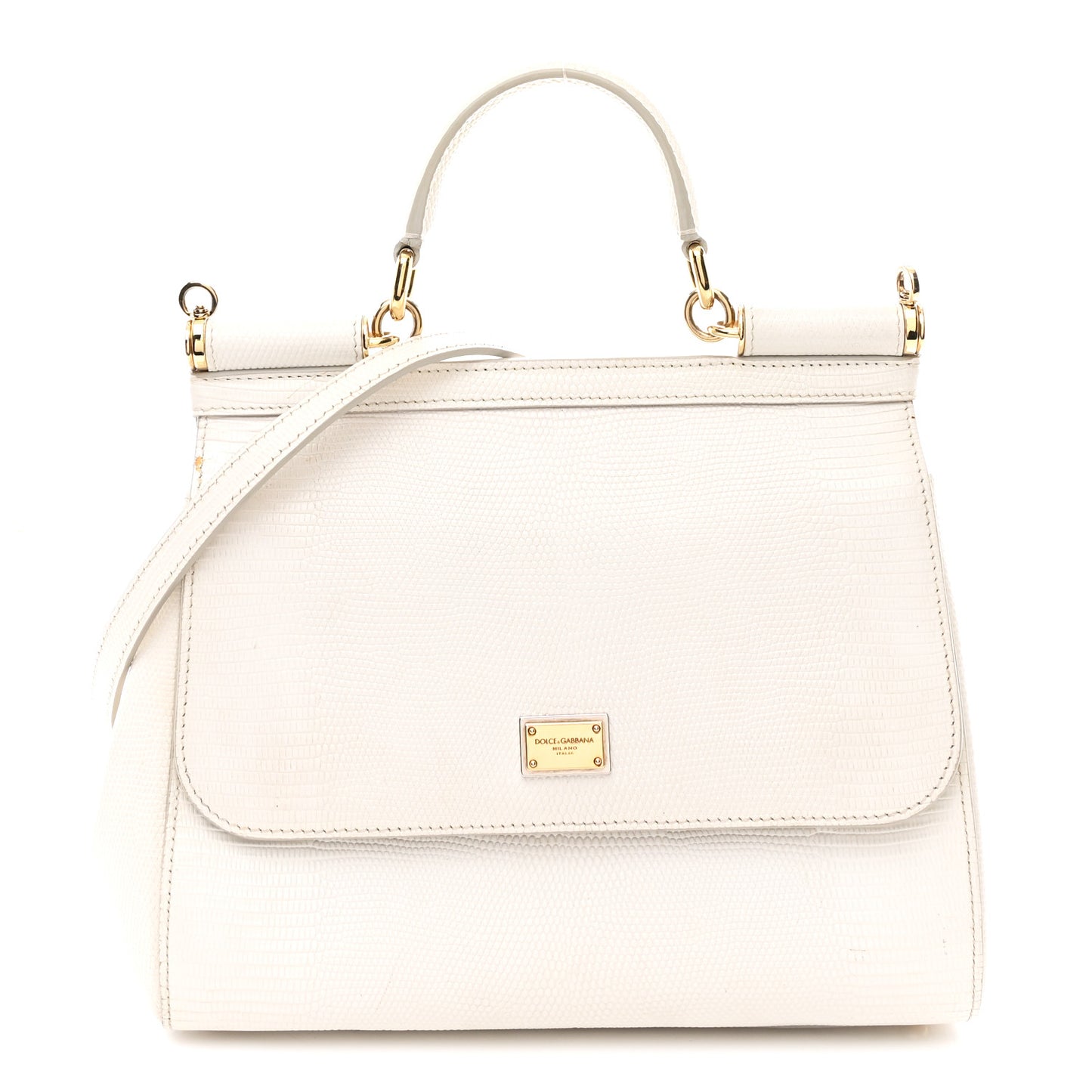 Iguana Calfskin Embossed Medium Miss Sicily Satchel White