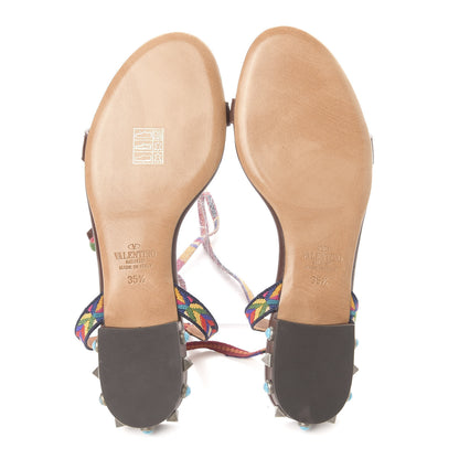 Valentino Garavani Calfskin Embroidered Rockstud Rolling Wrap Sandals 35.5 Brown 5 of 9