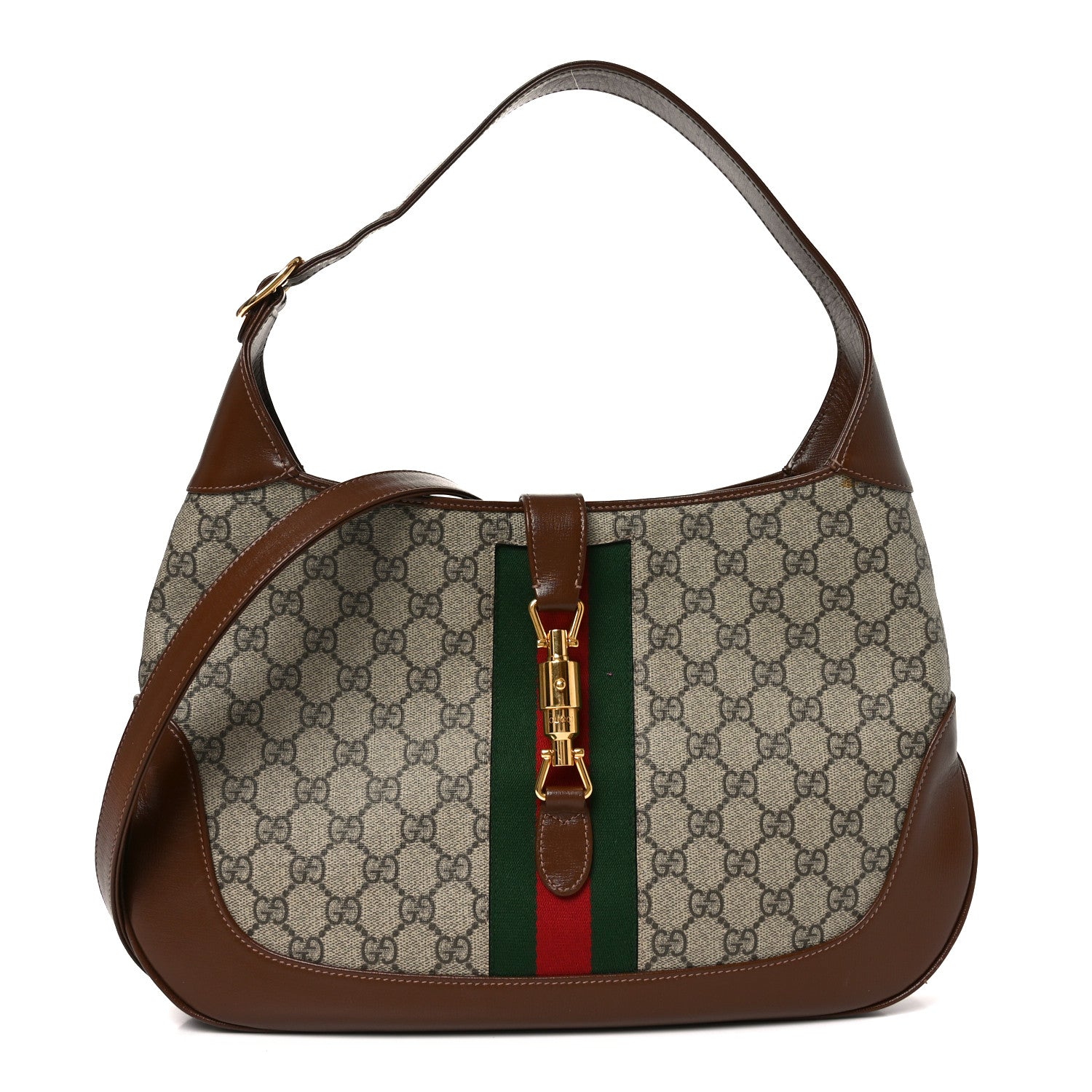 Gucci GG Supreme Monogram Azalea Calfskin Web Medium Jackie 1961 Hobo Beige Ebony Brown Sugar 1 of 19
