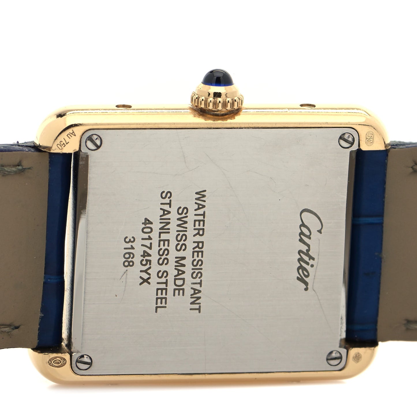Stainless Steel 18K Yellow Gold Alligator 24mm Tank Solo Quartz Watch Blue