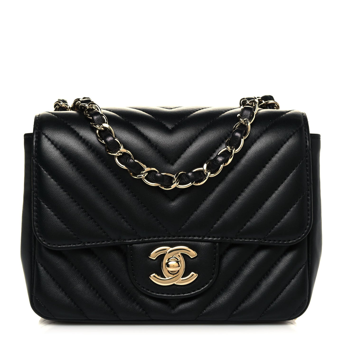 Lambskin Chevron Quilted Mini Square Flap Black