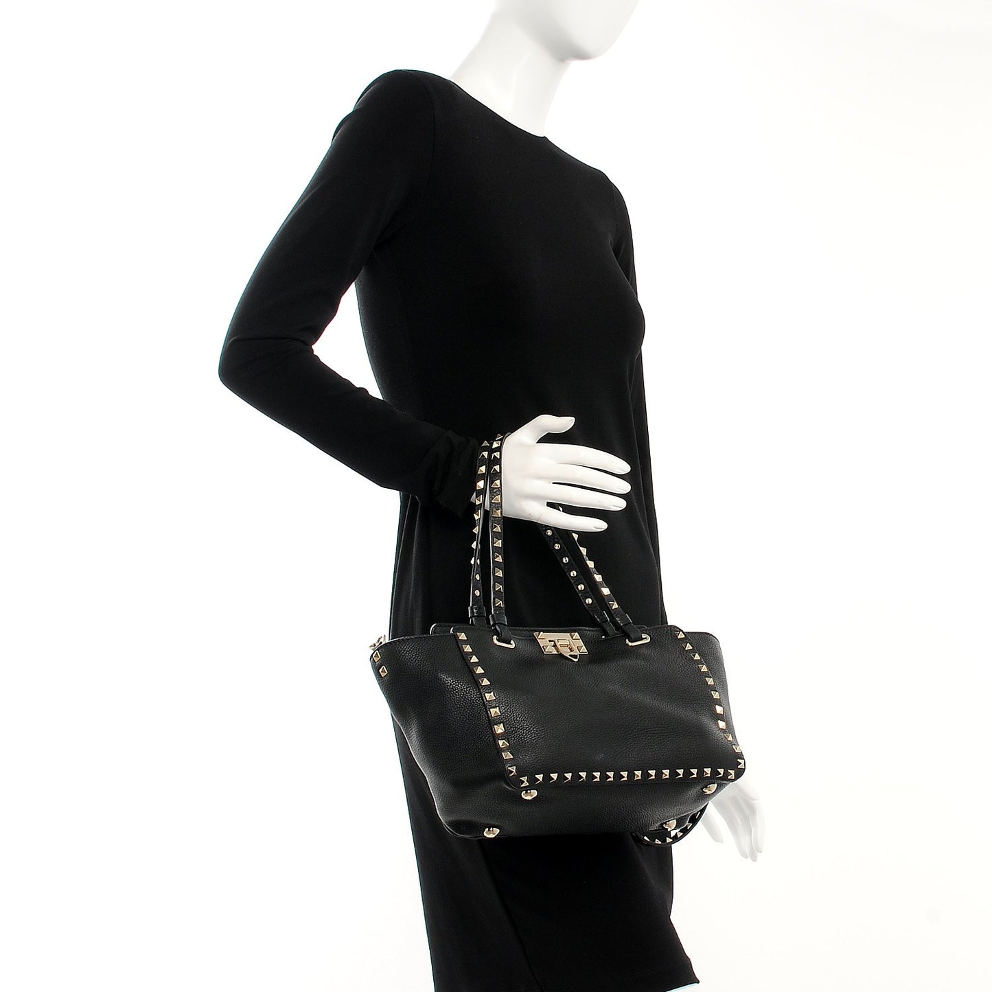 Grained Calfskin Small Rockstud Tote Black