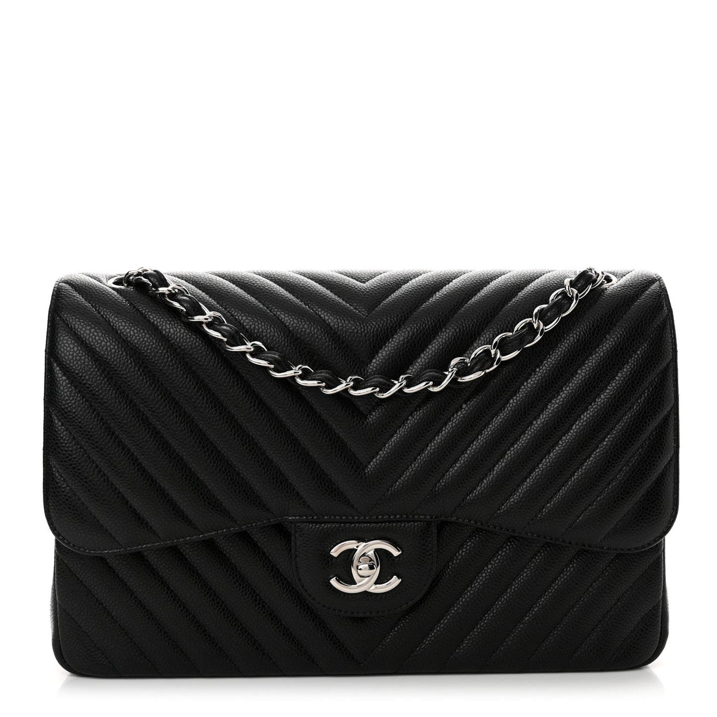 Caviar Chevron Quilted Jumbo Double Flap Black
