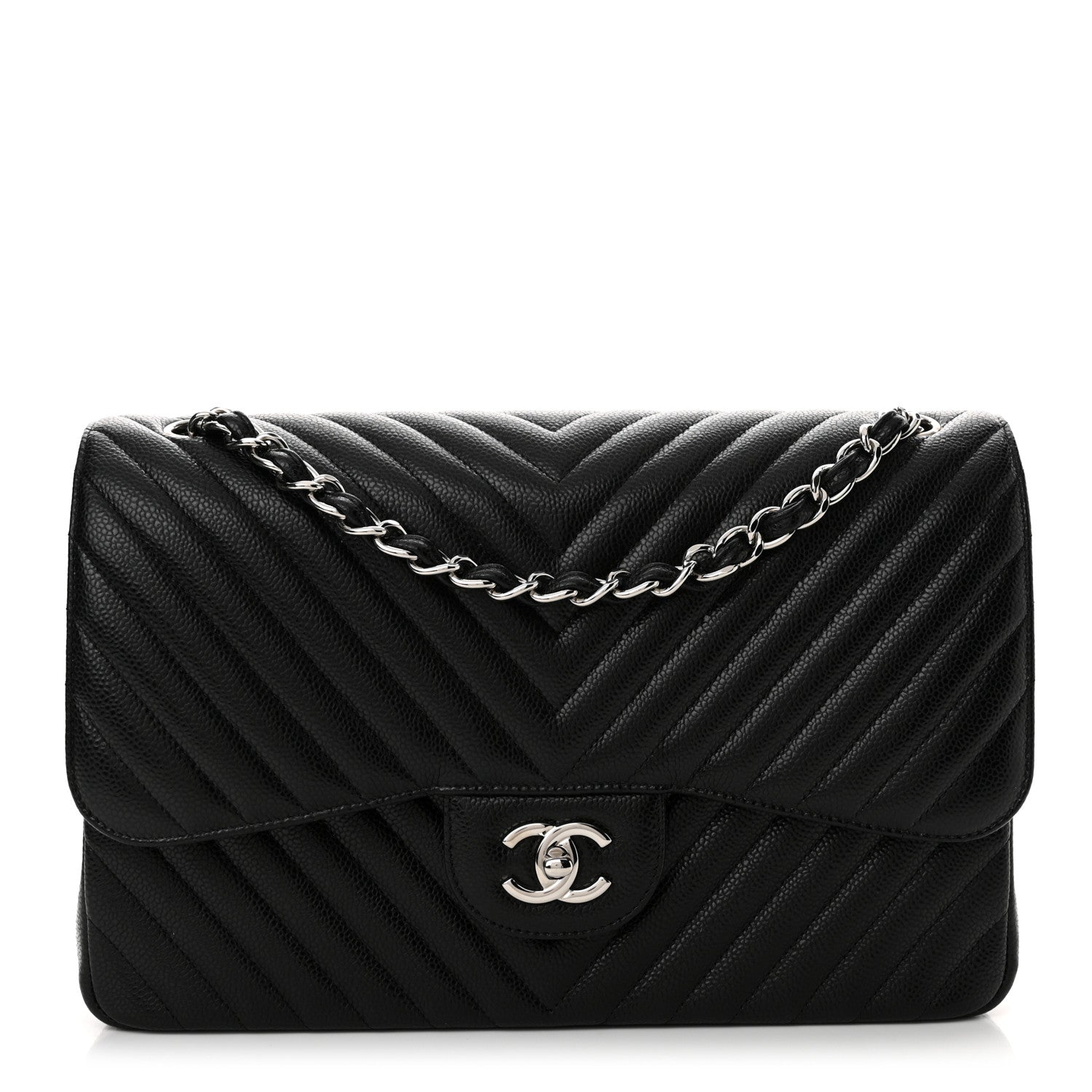 Chanel Caviar Chevron Quilted Jumbo Double Flap Black 1 of 15