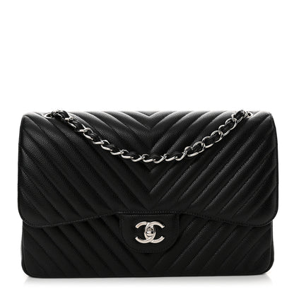 Chanel Caviar Chevron Quilted Jumbo Double Flap Black 1 of 15