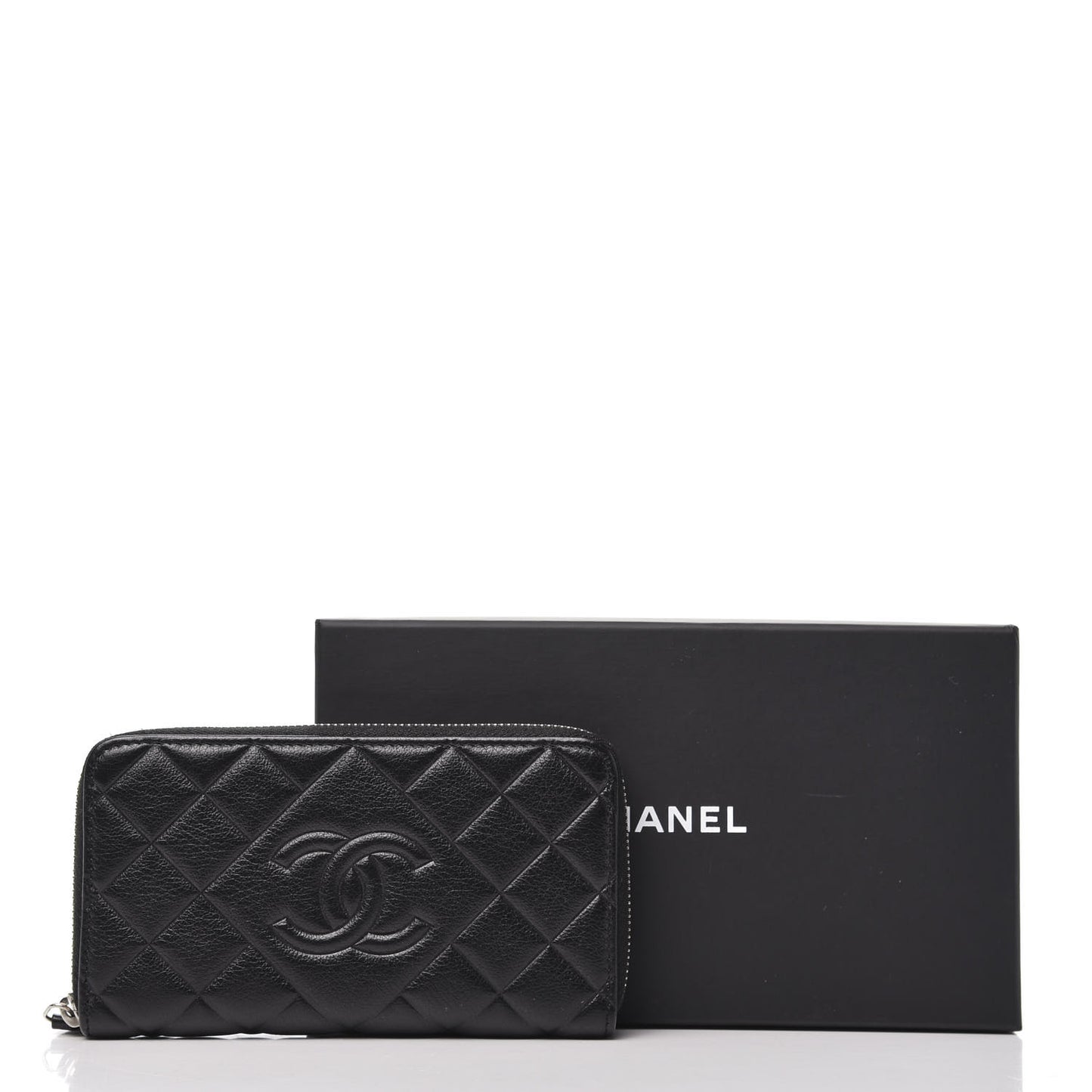 Calfskin Quilted Small Diamond CC Zip Around Wallet Black