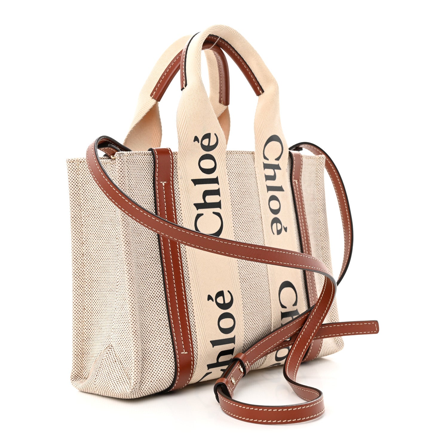 Chloe Cotton Calfskin Small Woody Ribbon Tote With Strap White Brown 3 of 11