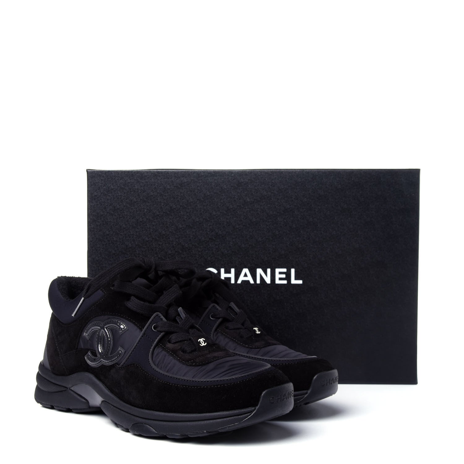 Chanel Nylon Calfskin Suede Calfskin CC Sneakers 38 Black 11 of 11