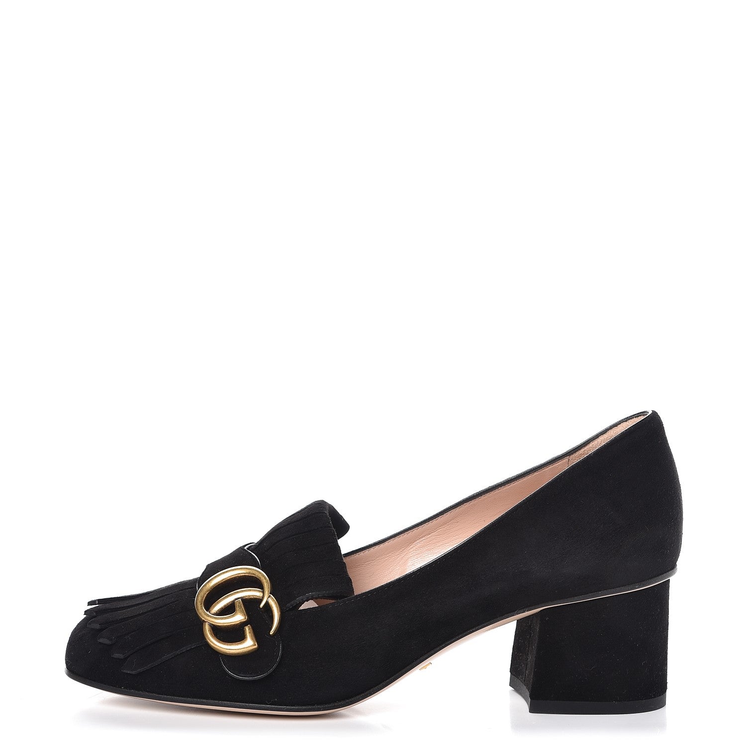 Gucci Kid Scamosciato GG Marmont Fringe 50mm Loafer Pumps 38 Black 1 of 9