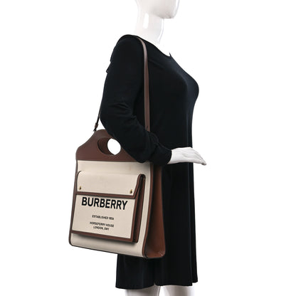 Burberry Canvas Smooth Calfskin Two Tone Medium Pocket Bag Natural Malt Brown 2 of 9