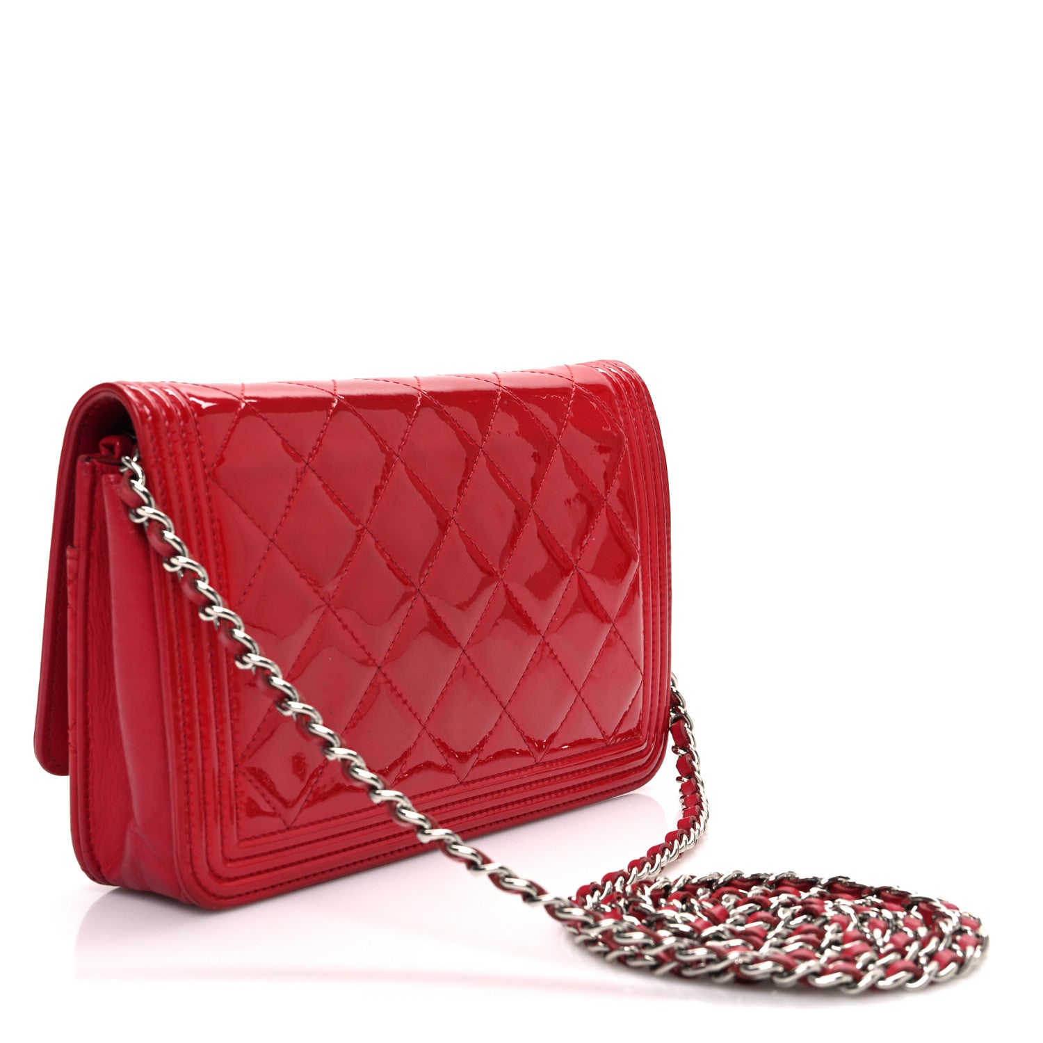 Chanel Patent Calfskin Quilted Boy Wallet On Chain WOC Red 3 of 15