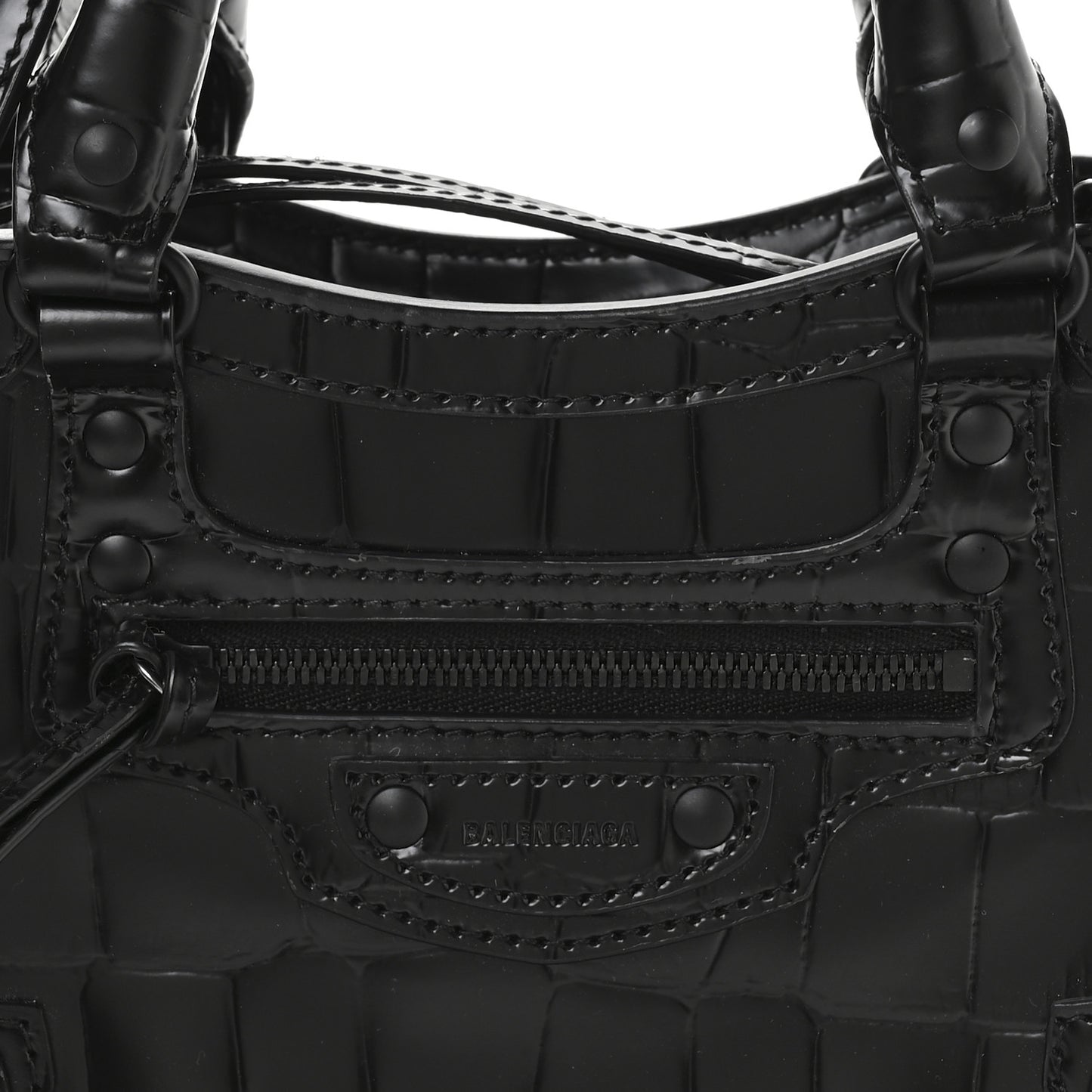 Semi Shiny Calfskin Crocodile Embossed Neo Classic Black Hardware Mini City Black