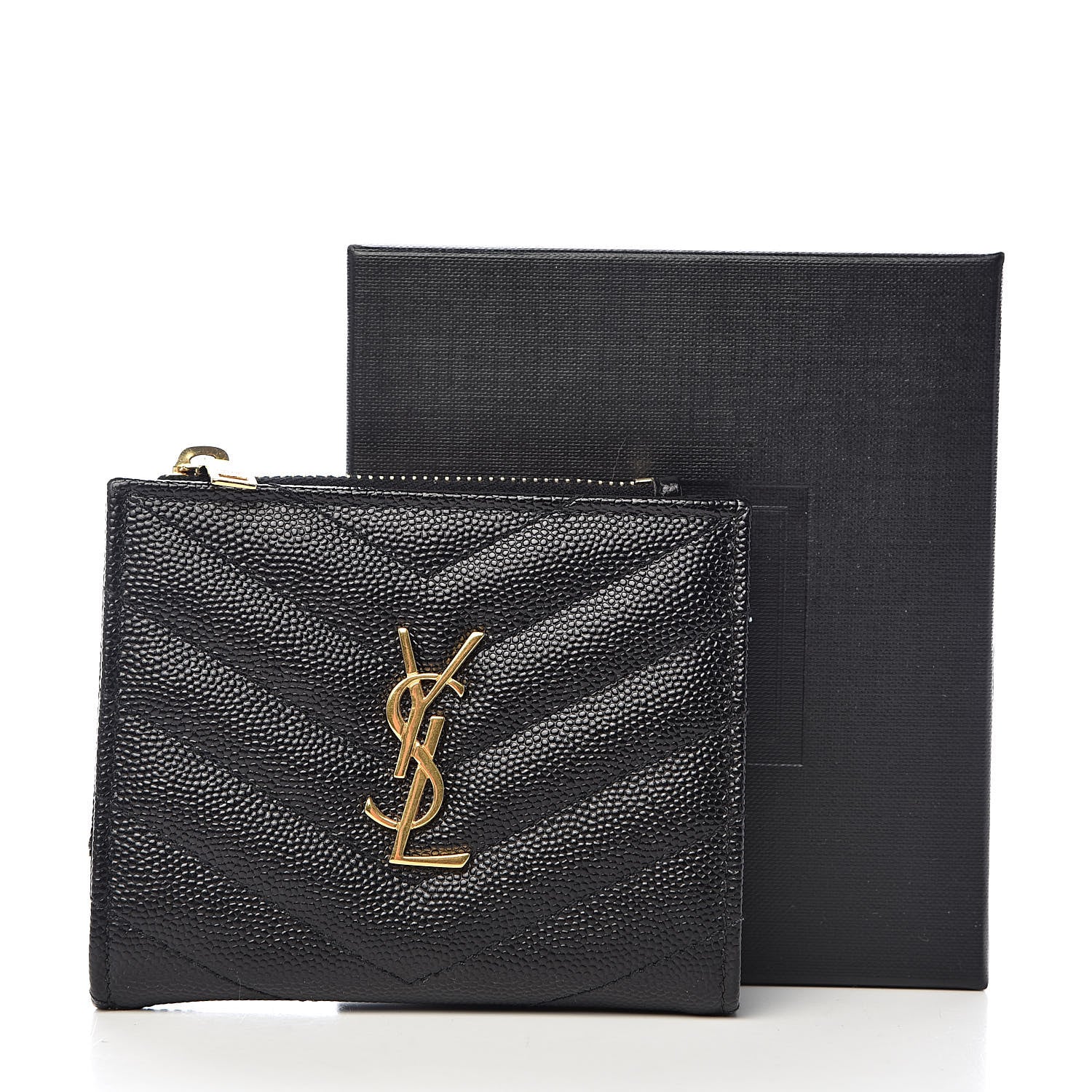 Saint Laurent Grain De Poudre Matelasse Chevron Monogram Zipped Card Case Black 8 of 8