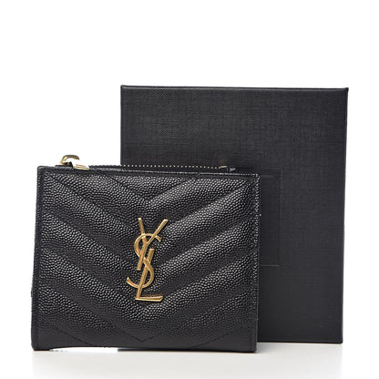 Saint Laurent Grain De Poudre Matelasse Chevron Monogram Zipped Card Case Black 8 of 8