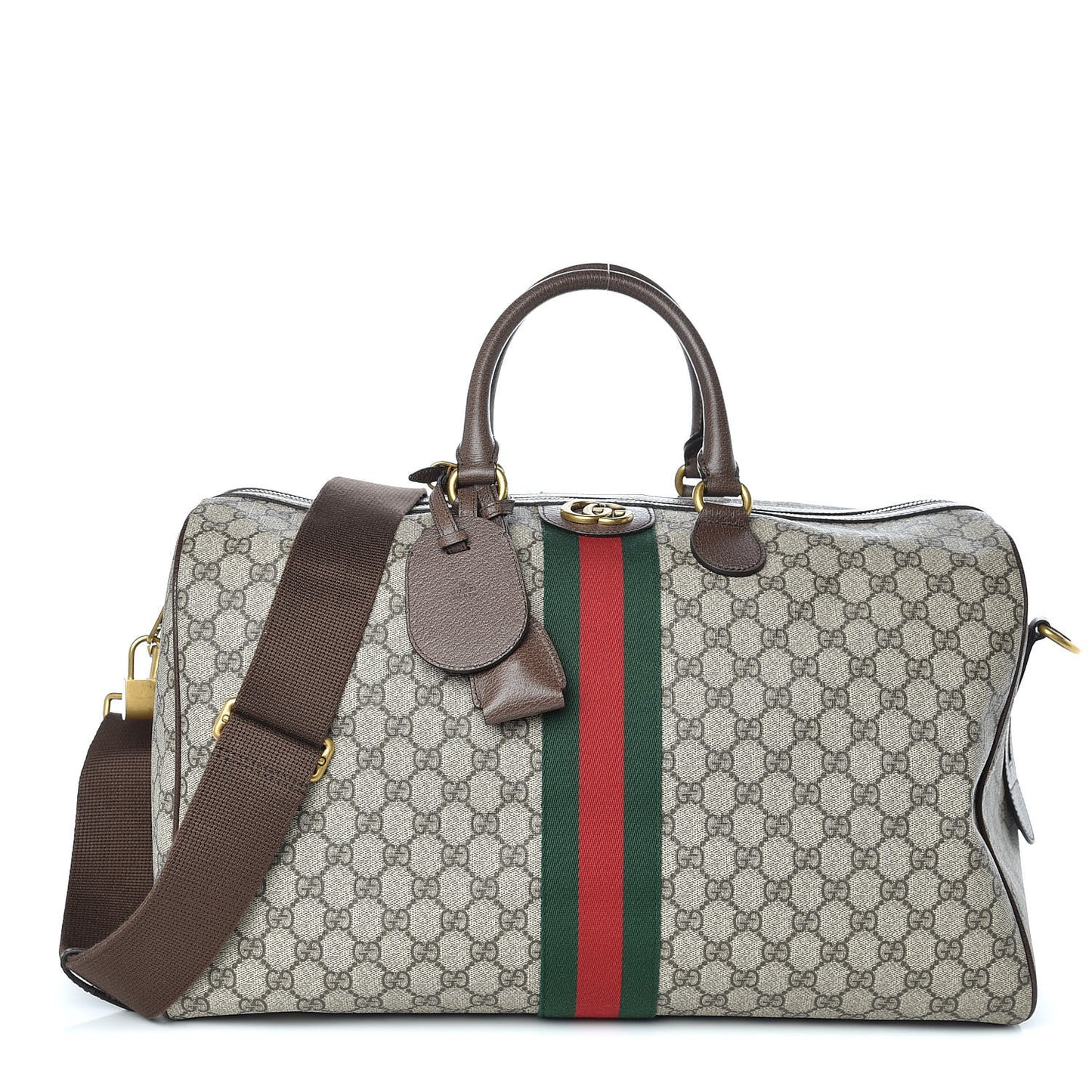 GG Supreme Monogram Textured Dollar Calfskin Web Medium Ophidia Carry-On Duffle Bag Beige Ebony New Acero