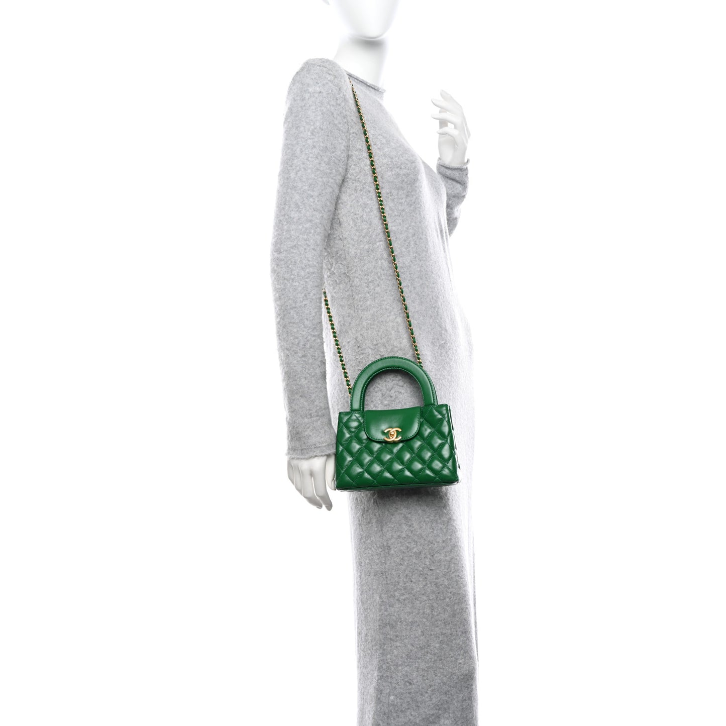 Shiny Aged Calfskin Quilted Nano Kelly Shopper Green