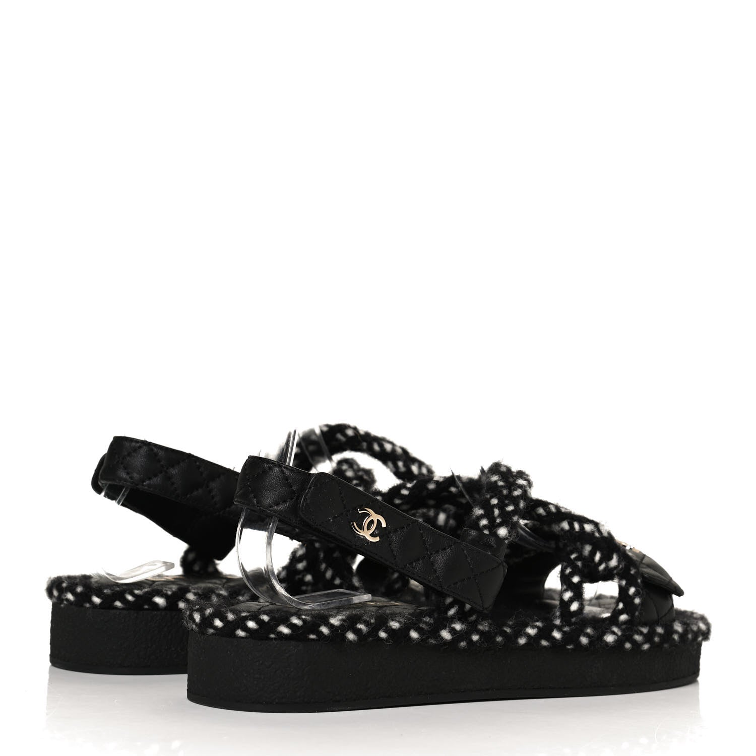 Chanel Cord Lambskin Quilted Logo Sandals 39 Black White 4 of 9