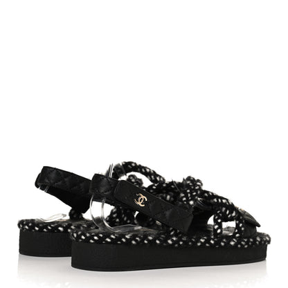 Chanel Cord Lambskin Quilted Logo Sandals 39 Black White 4 of 9