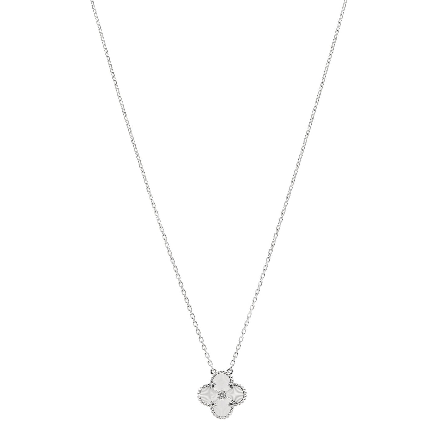 18K White Gold Diamond Guilloche Vintage Alhambra Pendant Necklace