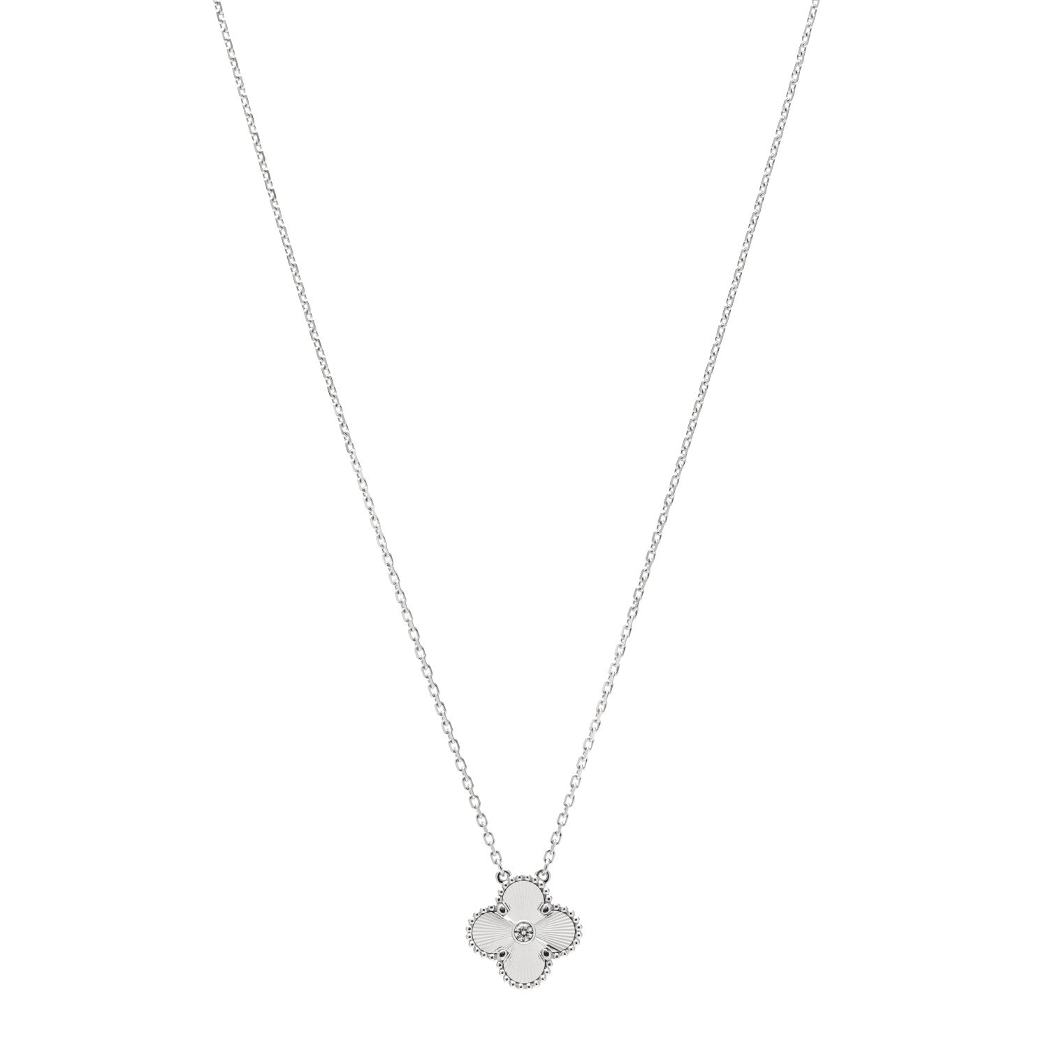 Van Cleef & Arpels 18K White Gold Diamond Guilloche Vintage Alhambra Pendant Necklace 1 of 5