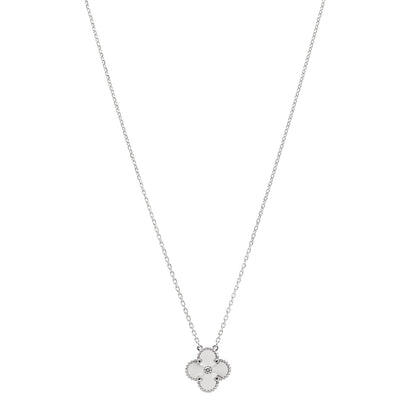 Van Cleef & Arpels 18K White Gold Diamond Guilloche Vintage Alhambra Pendant Necklace 1 of 5