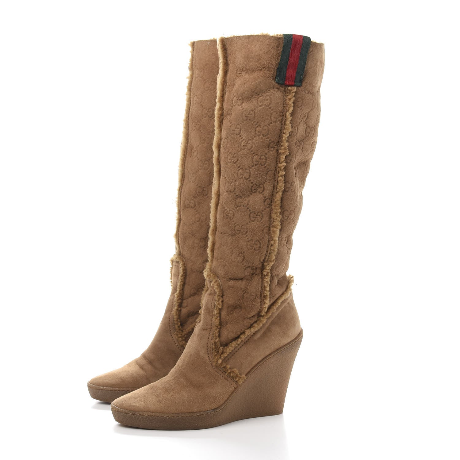 Gucci Suede Shearling Fur Microguccissima Courtney Tall Wedge Boots 5.5 Beige 3 of 6