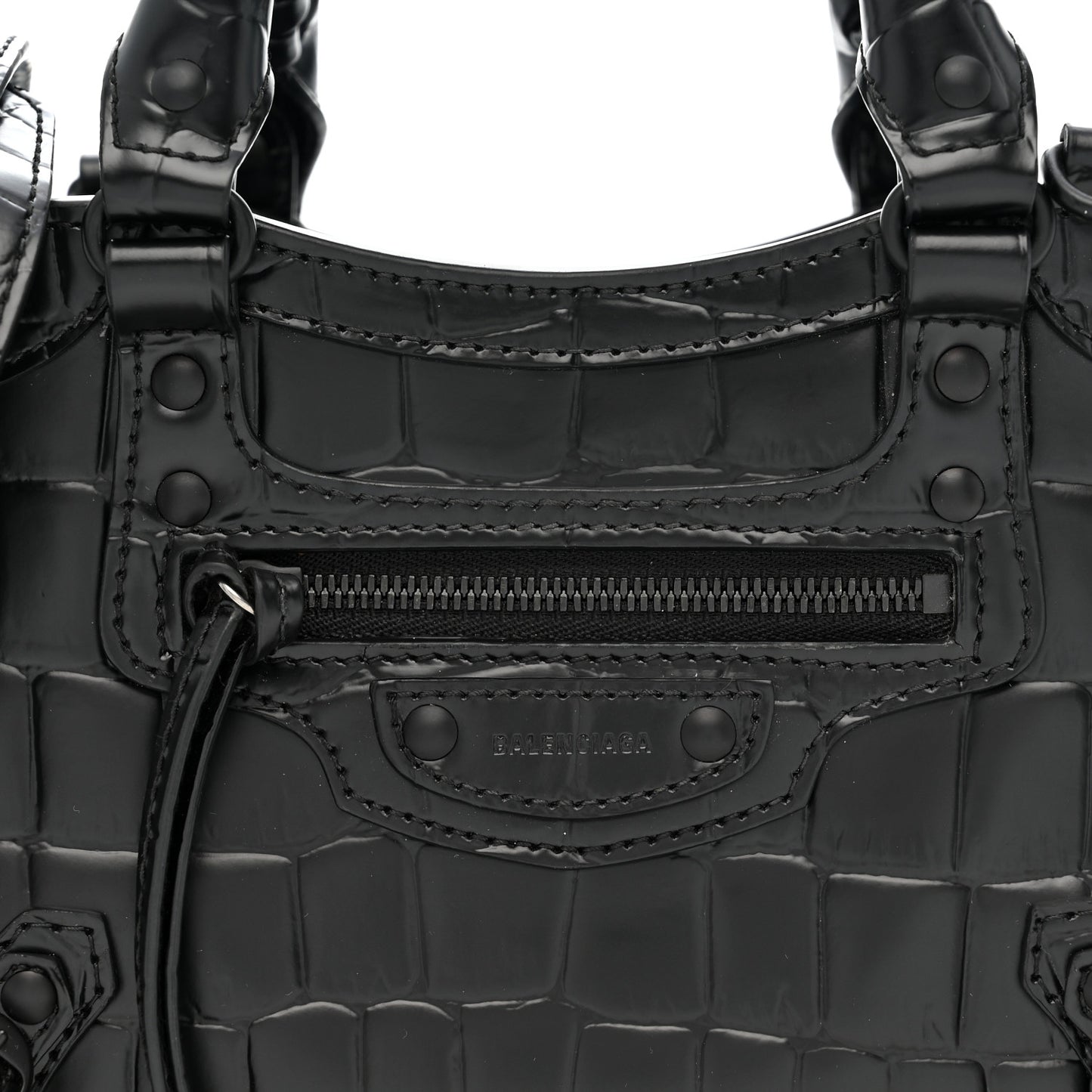 Semi Shiny Calfskin Crocodile Embossed Neo Classic Black Hardware Mini City Black
