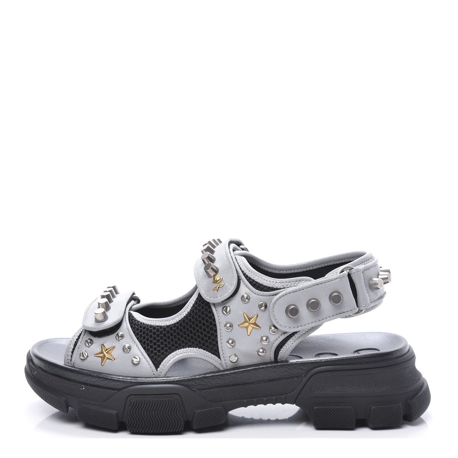 Gucci Technical Canvas Calfskin Reflective Studded Mens Aguru Sandals 8 Silver Black 1 of 7