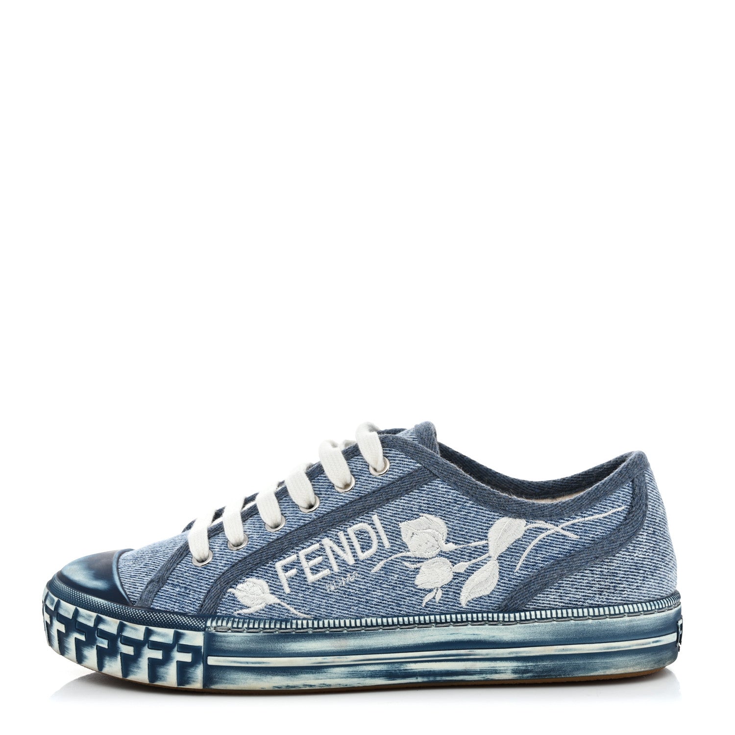 Fendi Denim Logo Rose Embroidered Womens Domino Low Top Sneakers 36 Denim White 1 of 8